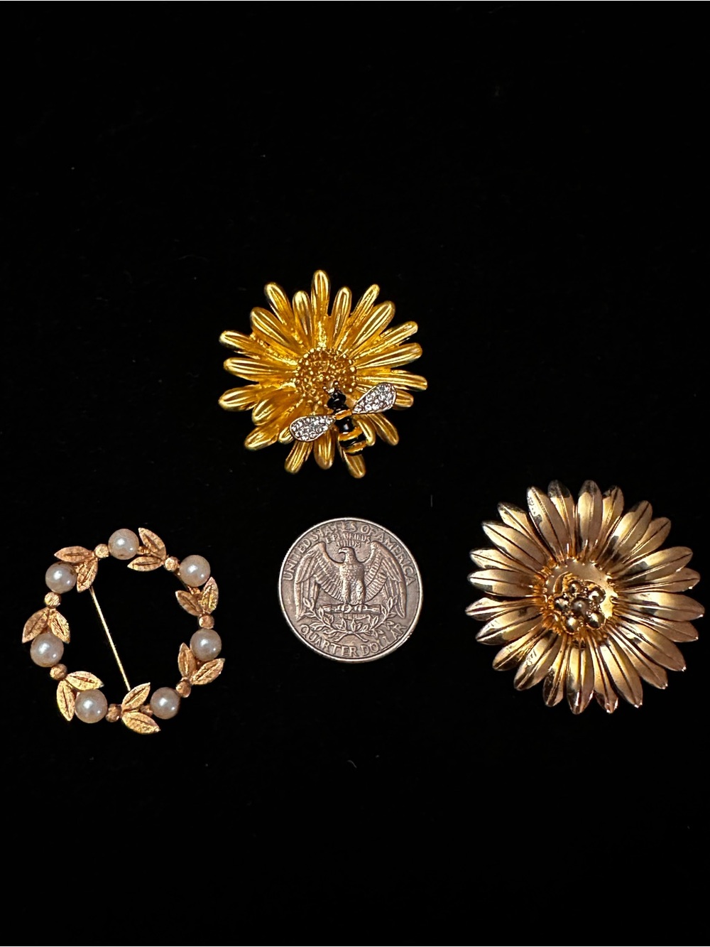 Gold Floral assortment of Brooches Set of 3/unique